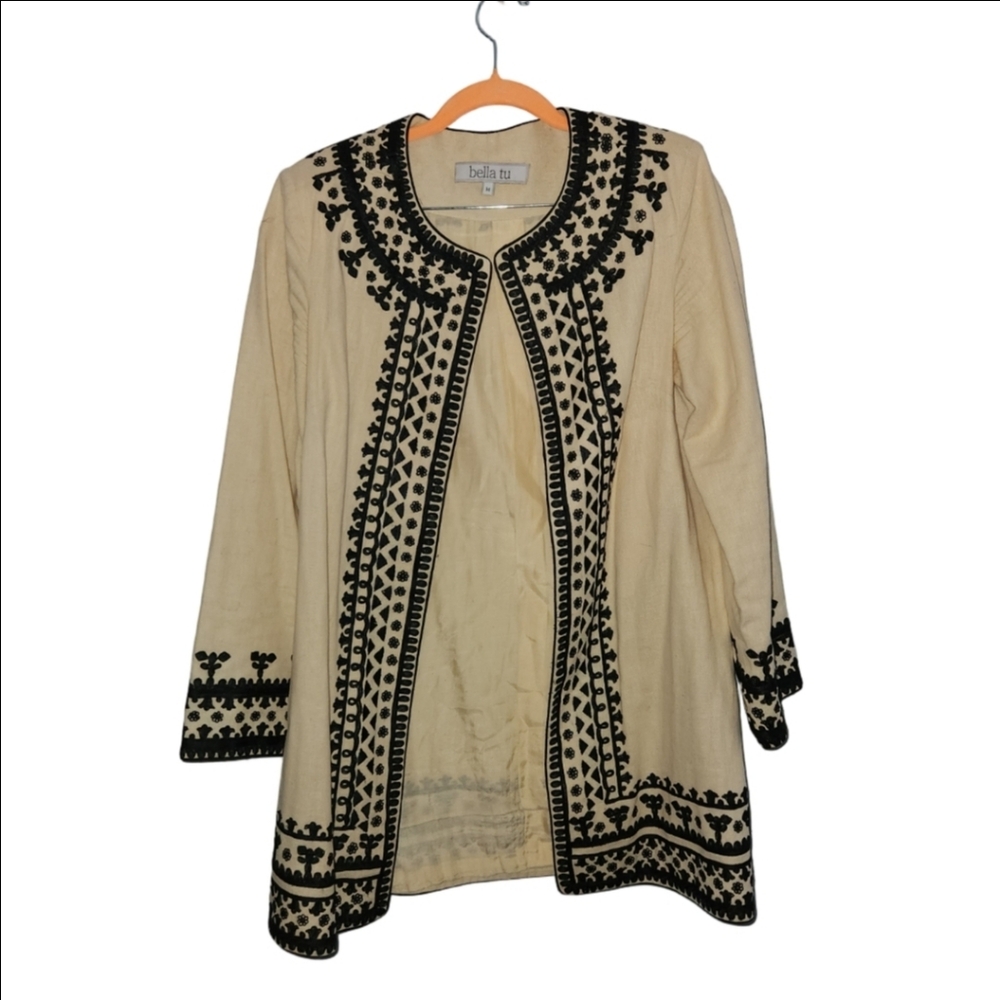Bella Tu Ceci Embroidered Jacket M Beige Black - Picture 1 of 8